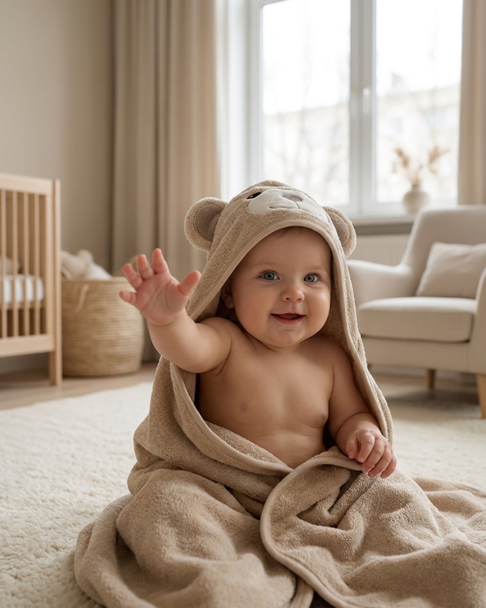 Cream Bear hooded towel on a baby