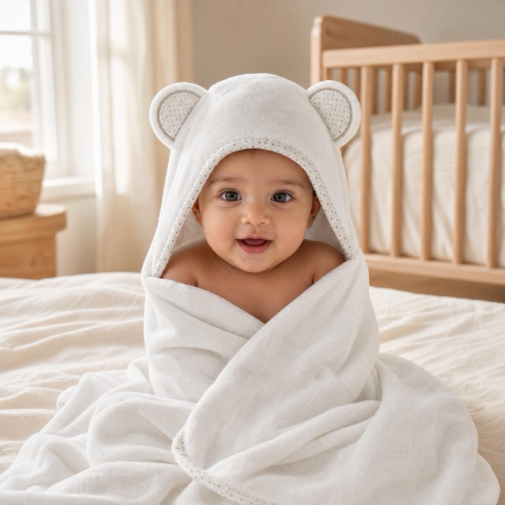 Starry Bear hooded towel on a baby