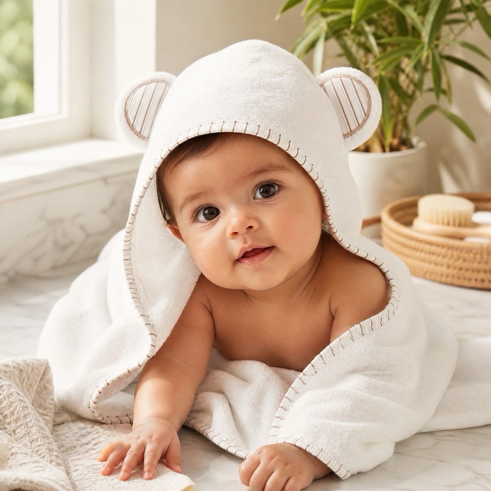 Striped Cub hooded towel on a baby