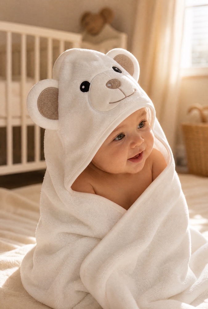 The Bear hooded towel on a baby