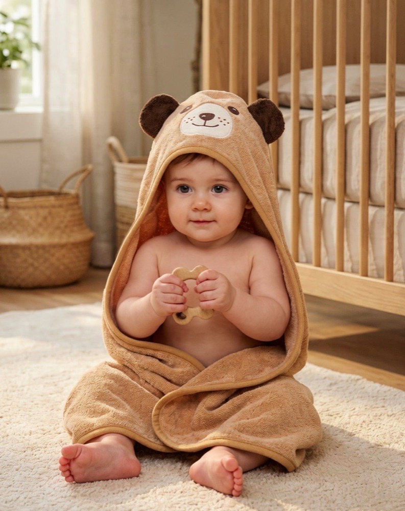 The Dog hooded towel on a baby