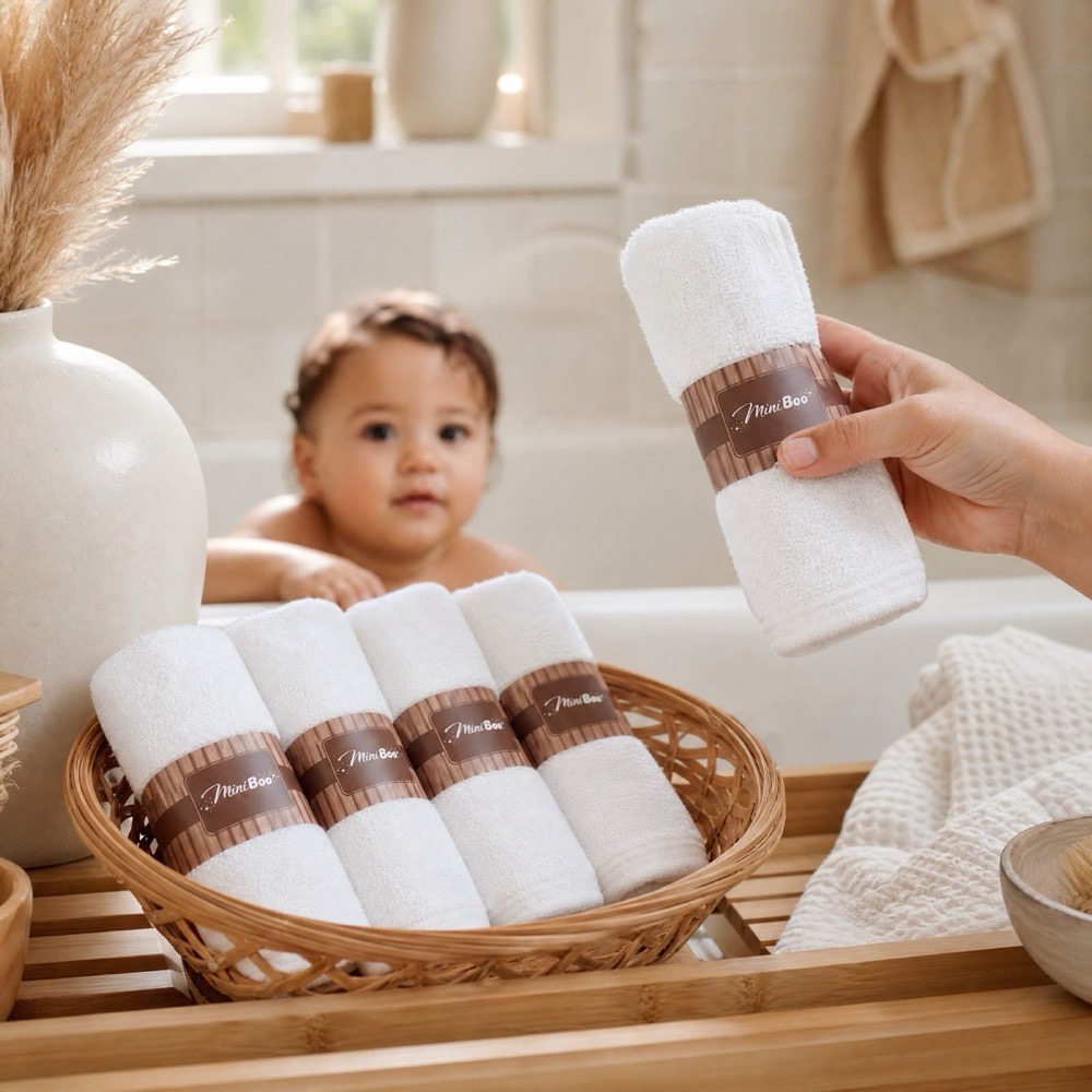 MiniBoo washcloths rolled in a basket