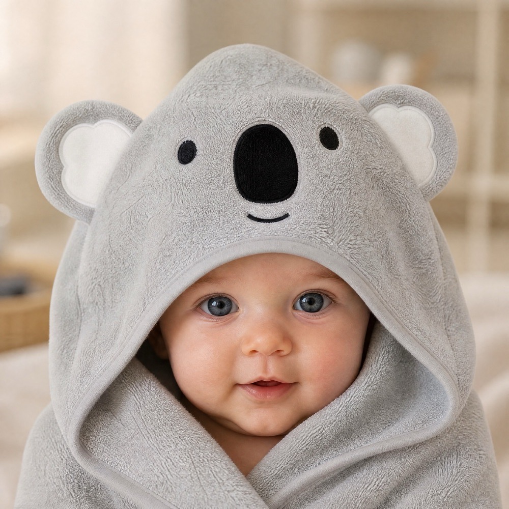 Baby in the grey Koala hooded towel
