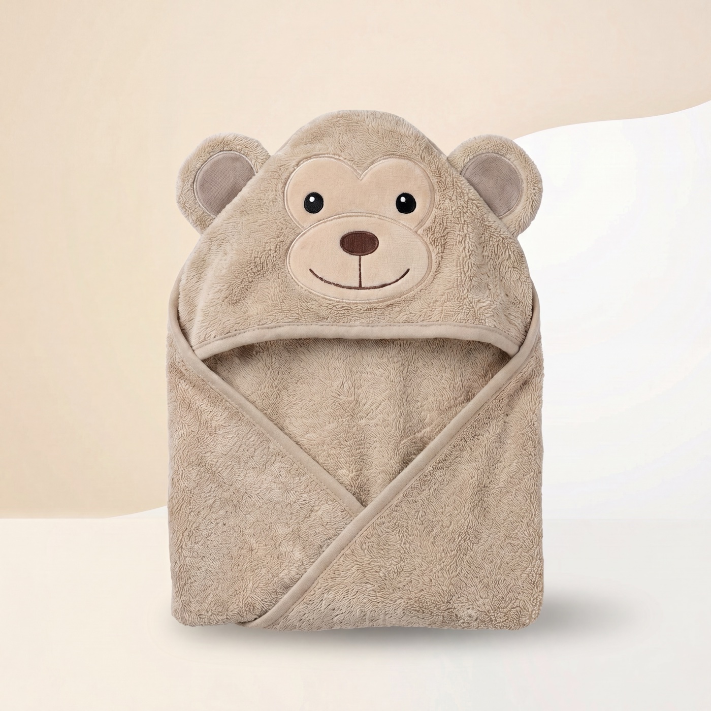 Cream Monkey hooded towel with embroidered face